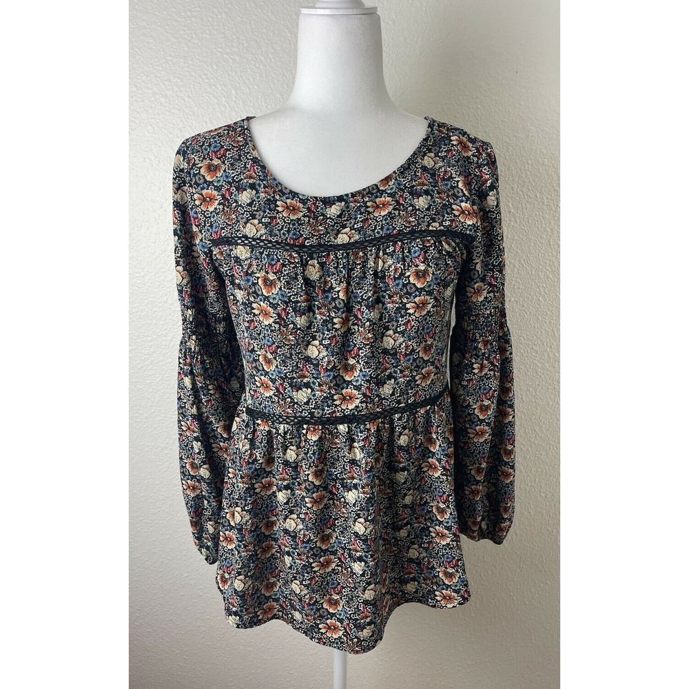 Knox Rose Black Pink Floral Long Sleeve Shirt Peasant Top Blouse Tassels Size XS